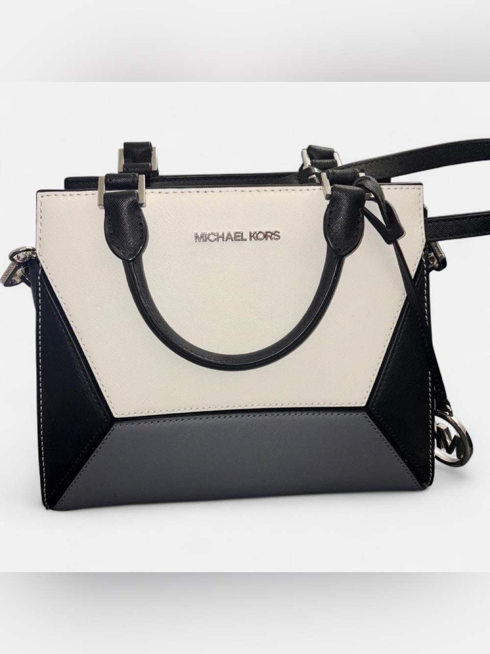 MICHAEL KORS White, Black & Gray Colorblock Satchel